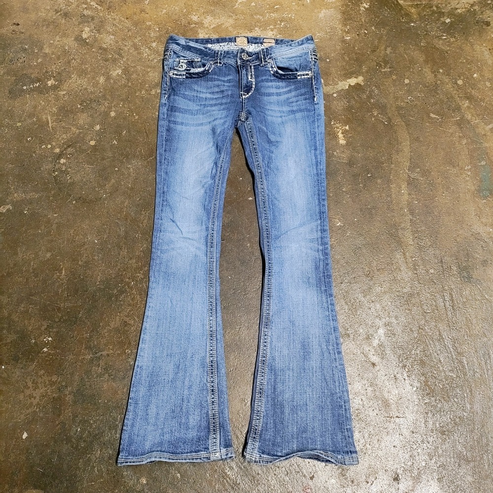 Y2K Studio 5 Low Rise Boot Cut Jeans 28 Womens Skinny Flare McBling Flap 2000s